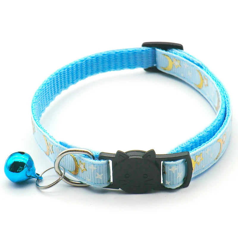 Gold Stars and Moon Cat Collar with Reflective Safety Buckle and Bell Adjustable Cats And Small Dogs Collars