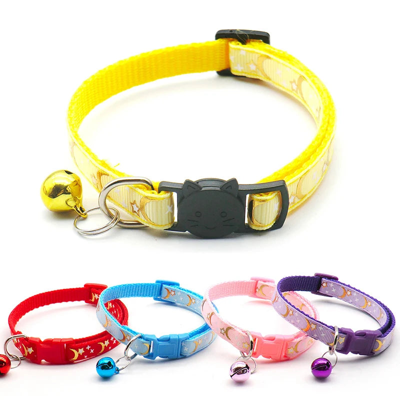 New Gold Stars and Moon Cat Collar with Reflective Safety Buckle and Bell Adjustable Cats And Small Dogs Collars
