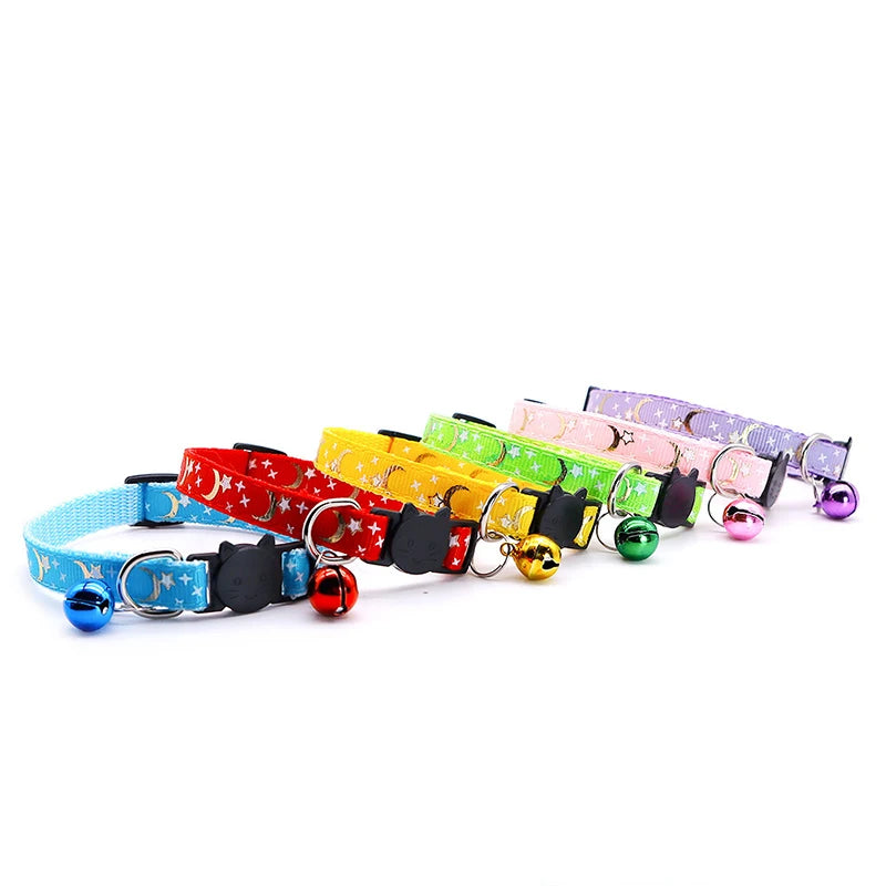 New Gold Stars and Moon Cat Collar with Reflective Safety Buckle and Bell Adjustable Cats And Small Dogs Collars