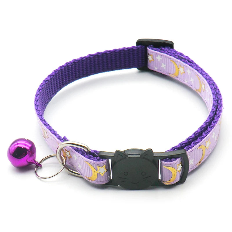 Gold Stars and Moon Cat Collar with Reflective Safety Buckle and Bell Adjustable Cats And Small Dogs Collars