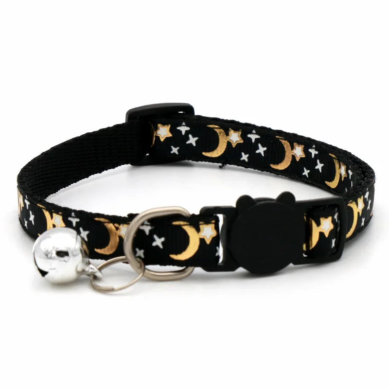 New Gold Stars and Moon Cat Collar with Reflective Safety Buckle and Bell Adjustable Cats And Small Dogs Collars
