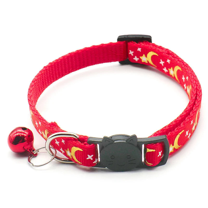 New Gold Stars and Moon Cat Collar with Reflective Safety Buckle and Bell Adjustable Cats And Small Dogs Collars