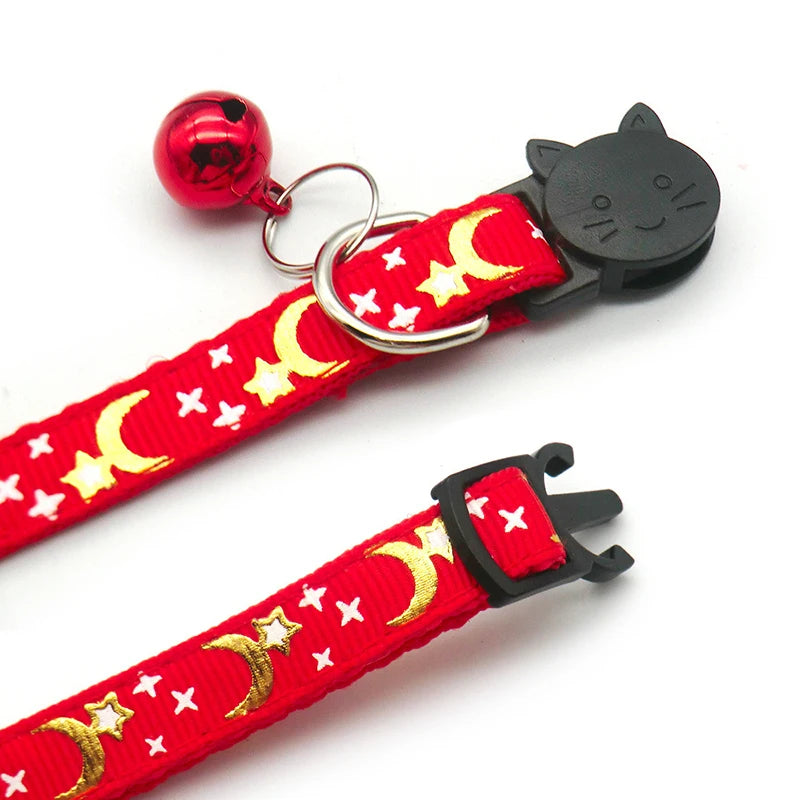 New Gold Stars and Moon Cat Collar with Reflective Safety Buckle and Bell Adjustable Cats And Small Dogs Collars